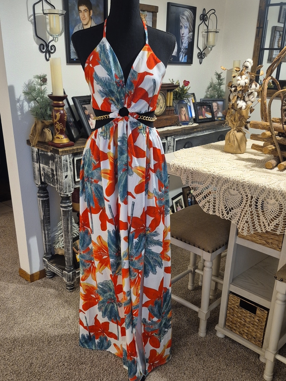 Tropical Halter Maxi Dress in White with Orange & Teal Floral Print